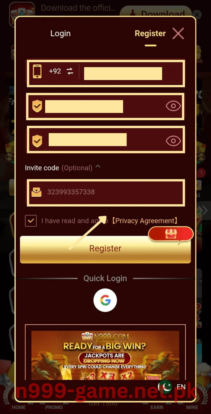Enter invite code to register on N999 Game