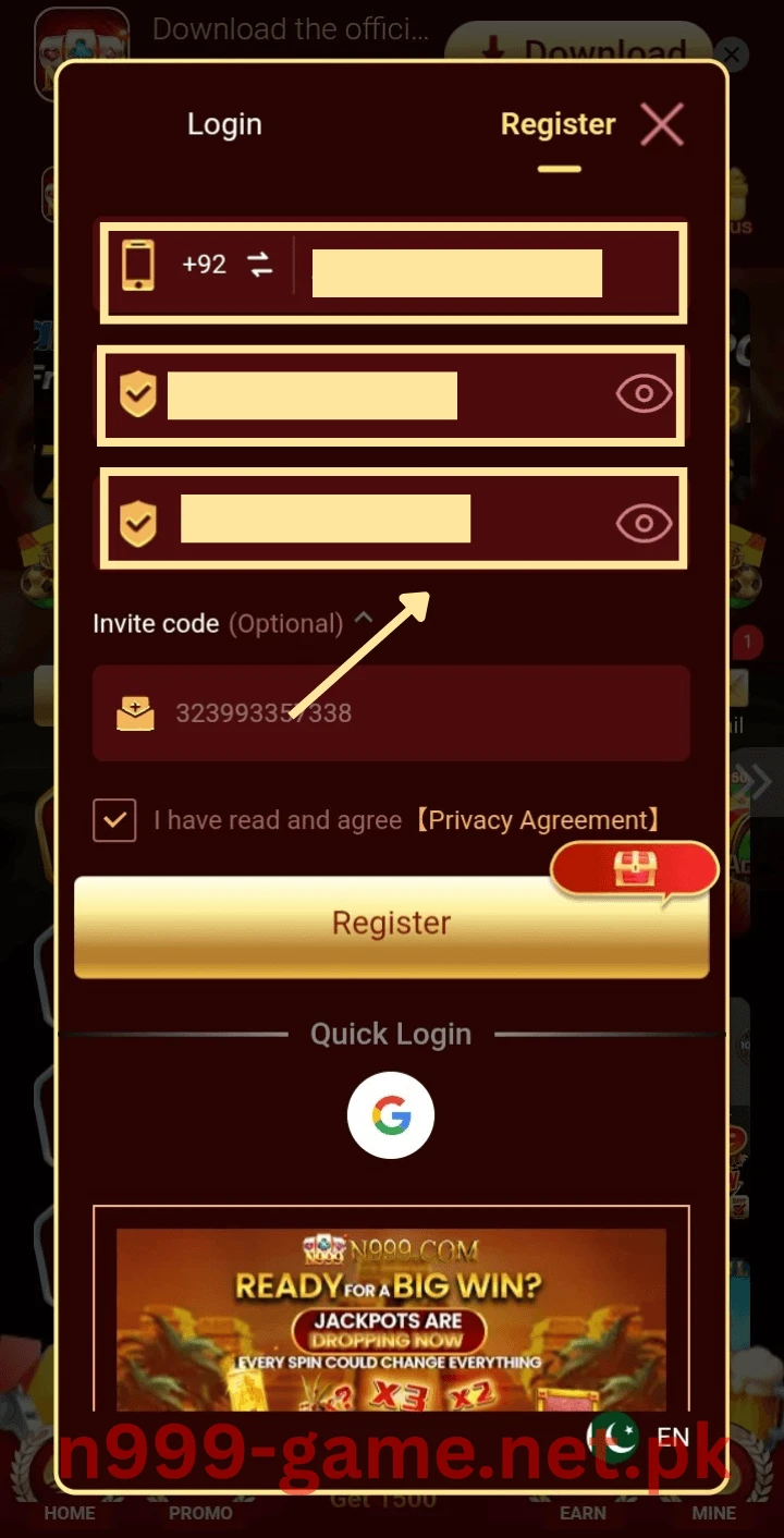 Set a password to register on N999 Game