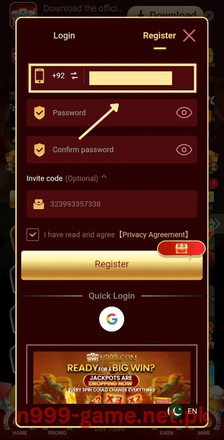 Enter phone number to register on N999 Game