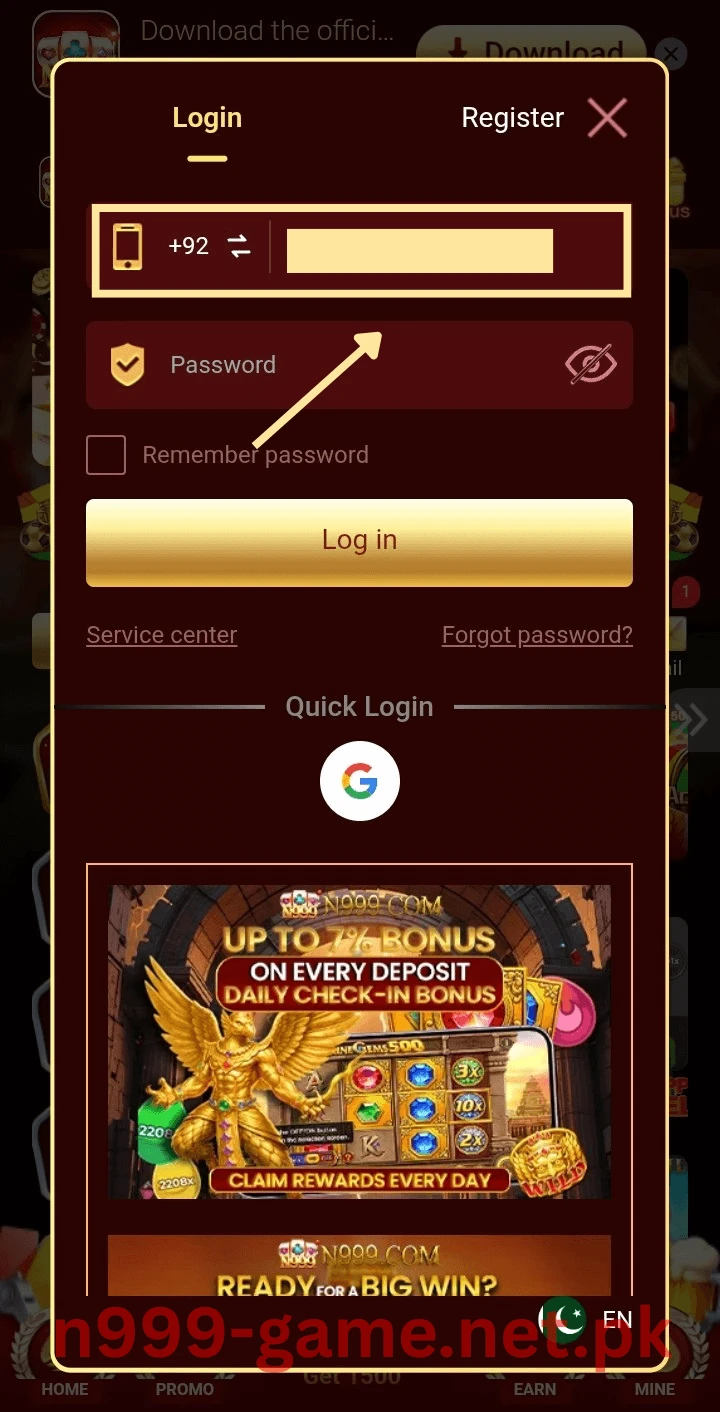 Enter phone number to log in to N999 Game