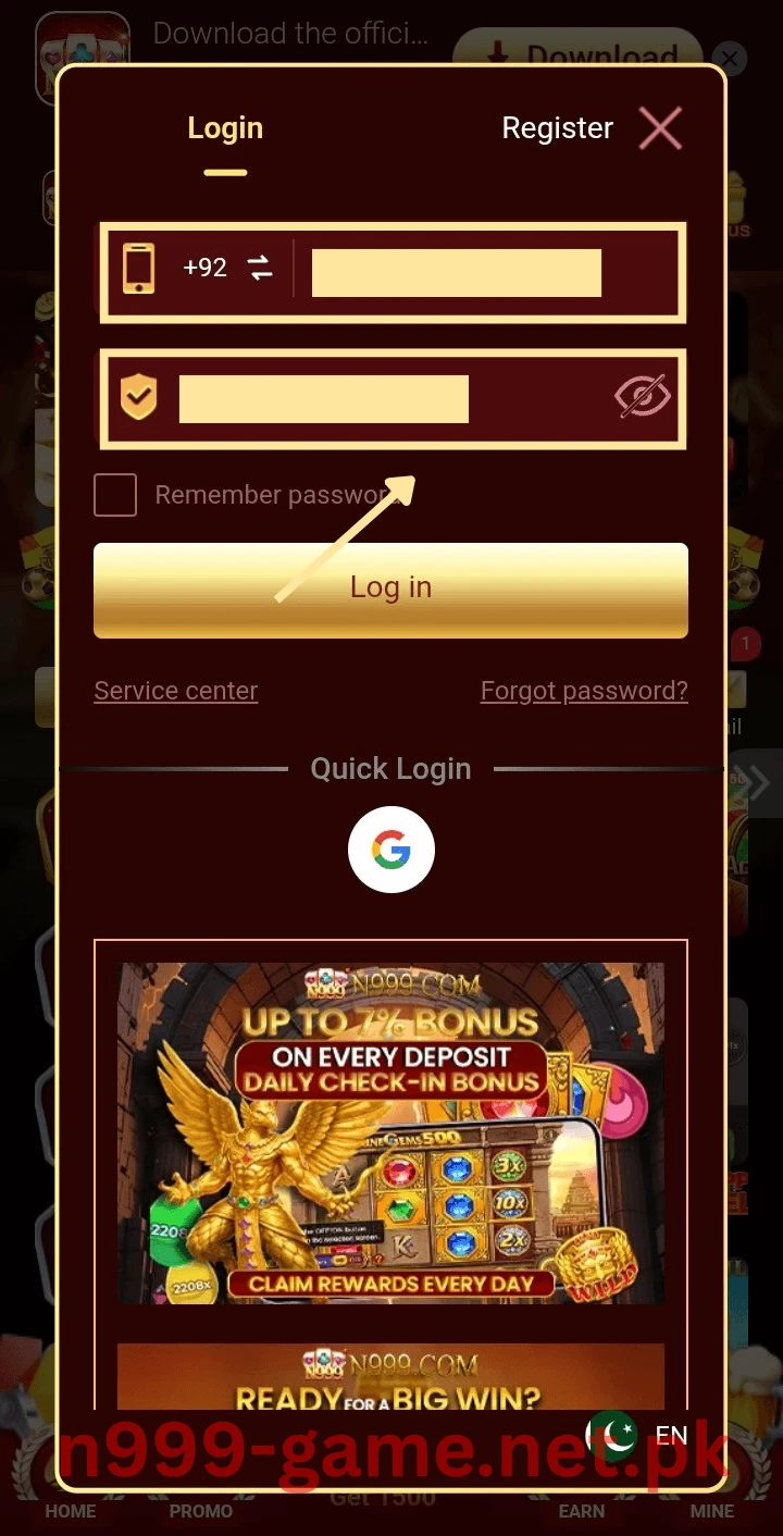 Enter your password to log in to N999 Game
