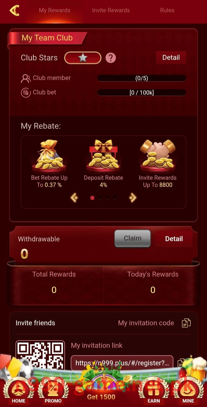 N999 Game earn and rewards screen