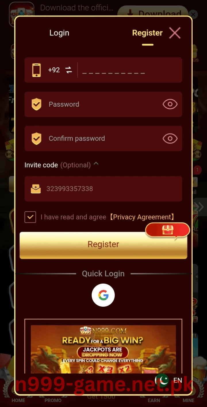 N999 Game registration screen
