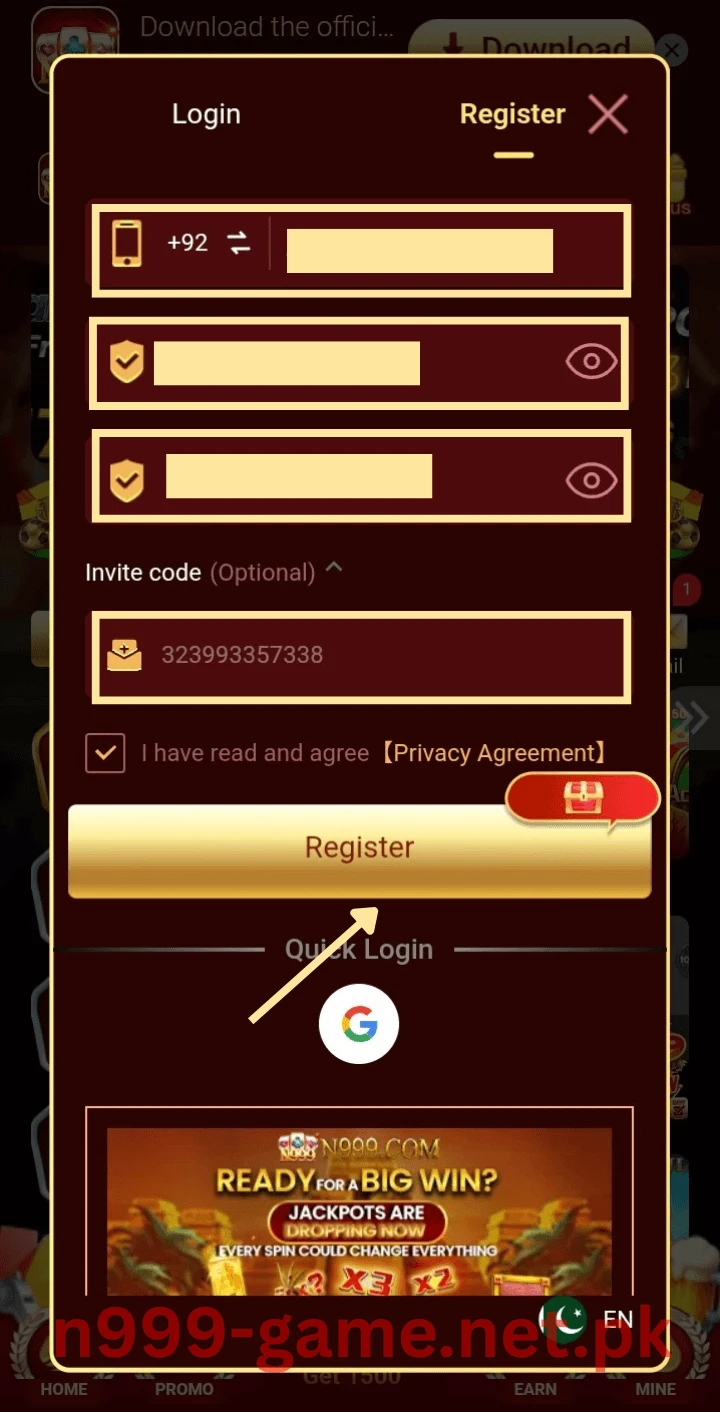 Press the Register button on N999 Game